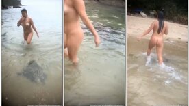 Novinha de 18 pelada mostrando a buceta em publico na praia
