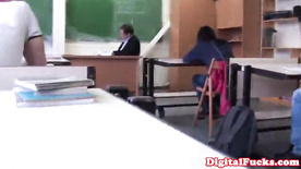 Brunette schoolgirl fucks cock in class