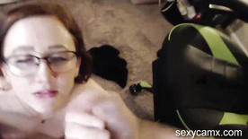 Skinny redhead slut with glasses get big facial after blowjob and hard