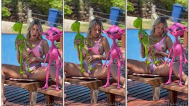 Tuani Basotti se exibindo na piscina com boneco de ET