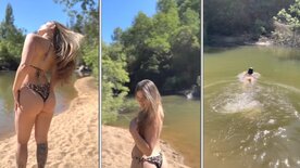 Luz Cervo pelada no lago tomando banho e sendo filmada pelo seu namorado