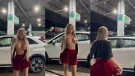 Karlyane menezes no posto de gasolina mostrando os peitos e a bunda rebolando levantando a saia